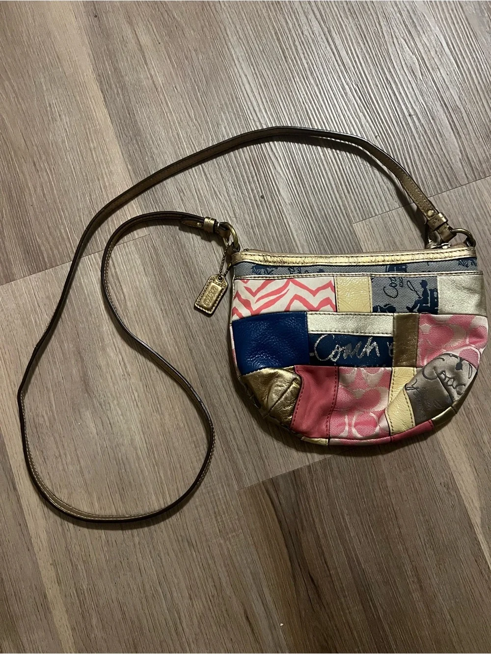 Vintage Y2K Coach Patchwork Crossbody in Pink, Blue & Gold-Tone